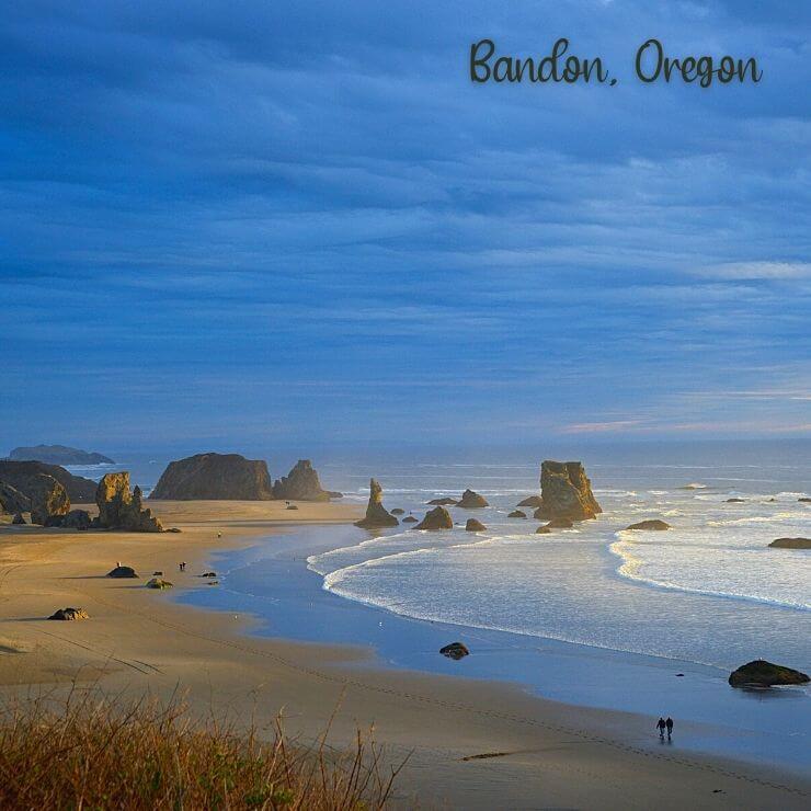 Sea Stacks in Bandon, Oregon along a sandy stretch of beach. 