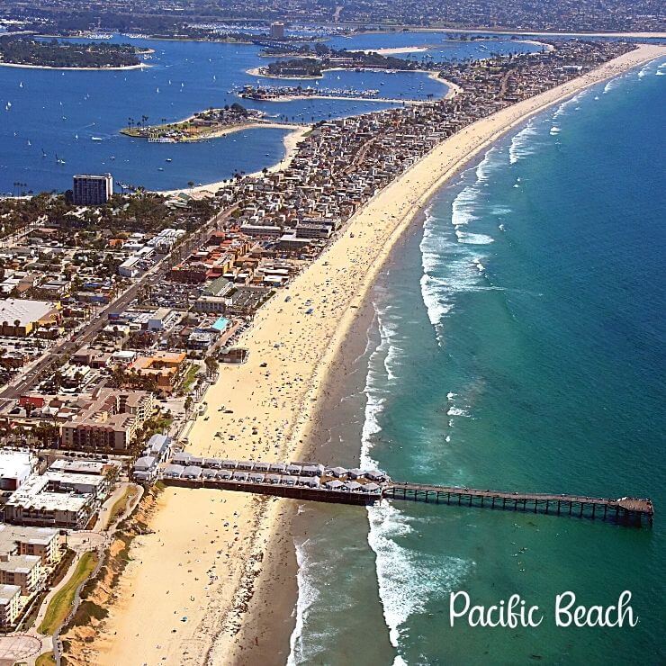 Aerial view of the PB neighborhood of San Diego with a view of Crystal Pier Hotel.