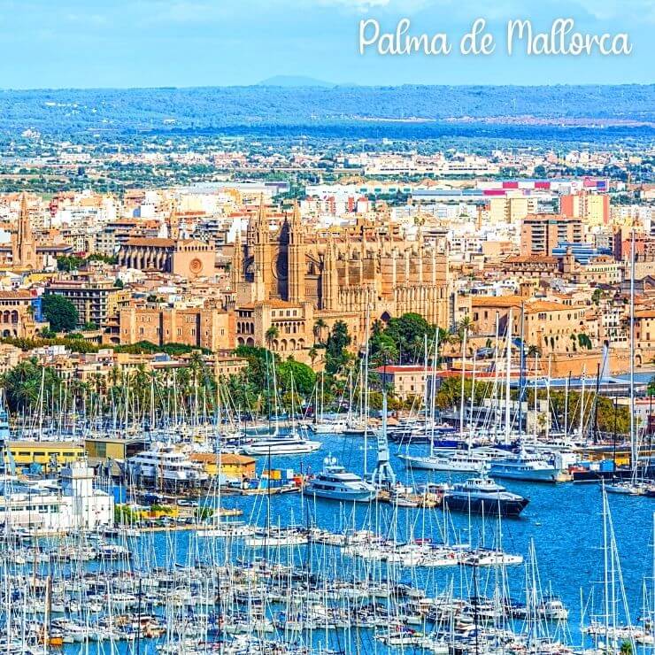 Harbor and historic buildings in Palma de Mallorca in Mallorca, Spain. 