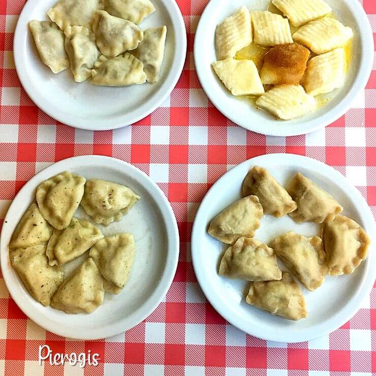Different types of pierogis, a popular food to eat in Warsaw, Poland.