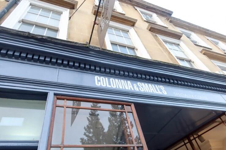 Entrance to Colonna & Small's, a great place for a coffee break during a day trip to Bath, UK. 