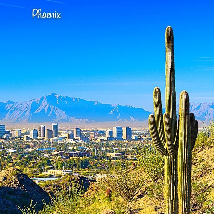 Phoenix, Arizona skyline on a sunny day.