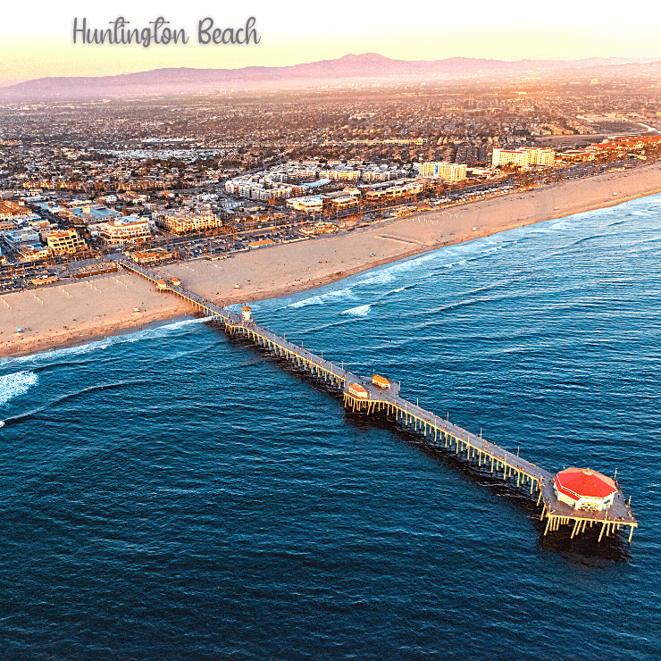 Aerial view of Huntington Beach, a California beach that is perfect for surfing and sunbathing. 