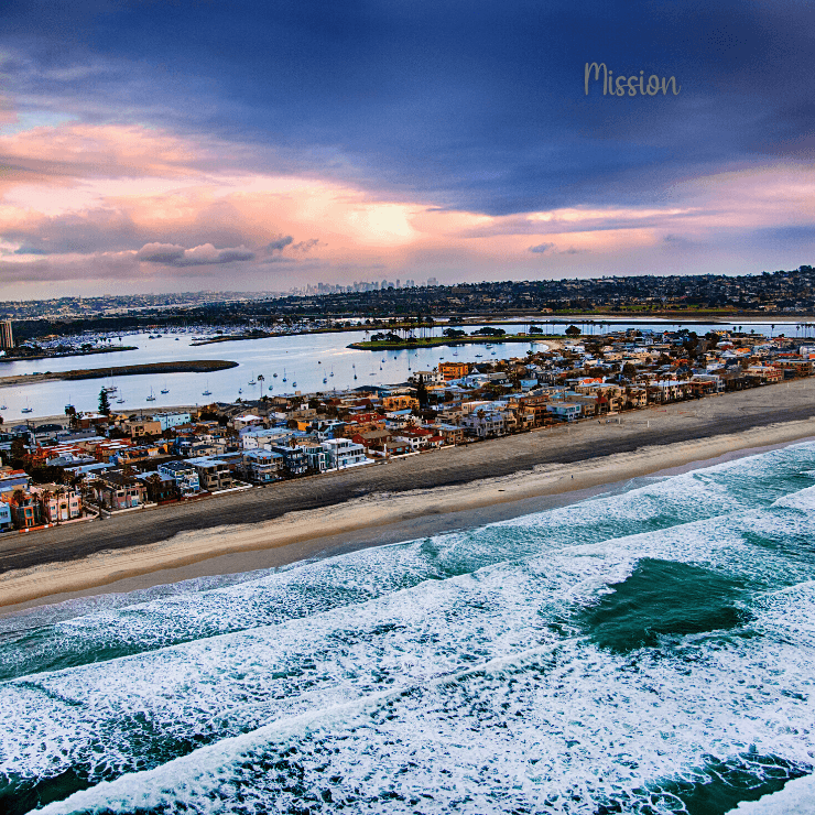 Mission Beach, California with views of Mission Bay in the distance. 