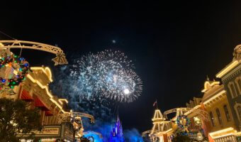 Holiday fireworks seen from Main Street in Disney World's Magic Kingdom