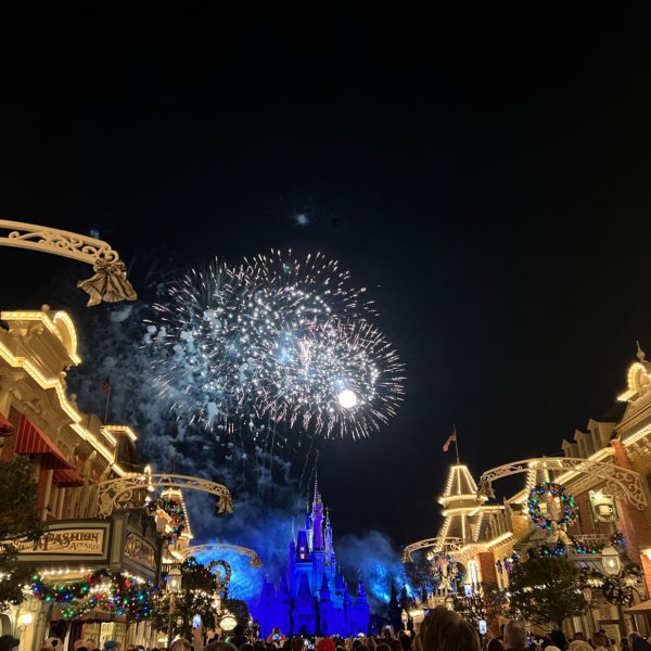 Holiday fireworks seen from Main Street in Disney World's Magic Kingdom