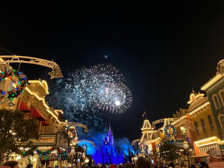 Holiday fireworks seen from Main Street in Disney World's Magic Kingdom